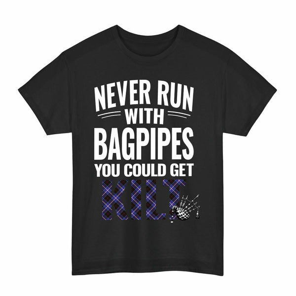 Scottish Dunlop Modern Clan Tartan Never Run With Bagpipes T-Shirt Tartan Plaid Black Color