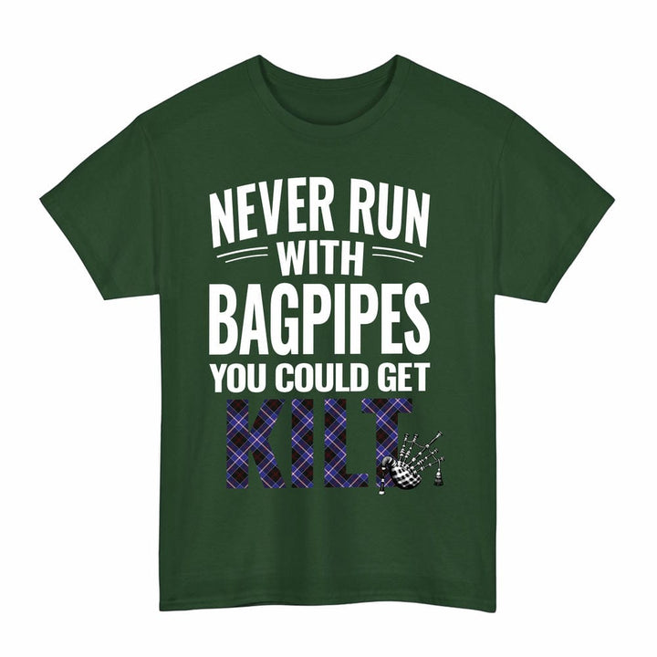 Scottish Dunlop Modern Clan Tartan Never Run With Bagpipes T-Shirt Tartan Plaid Forest Green Color