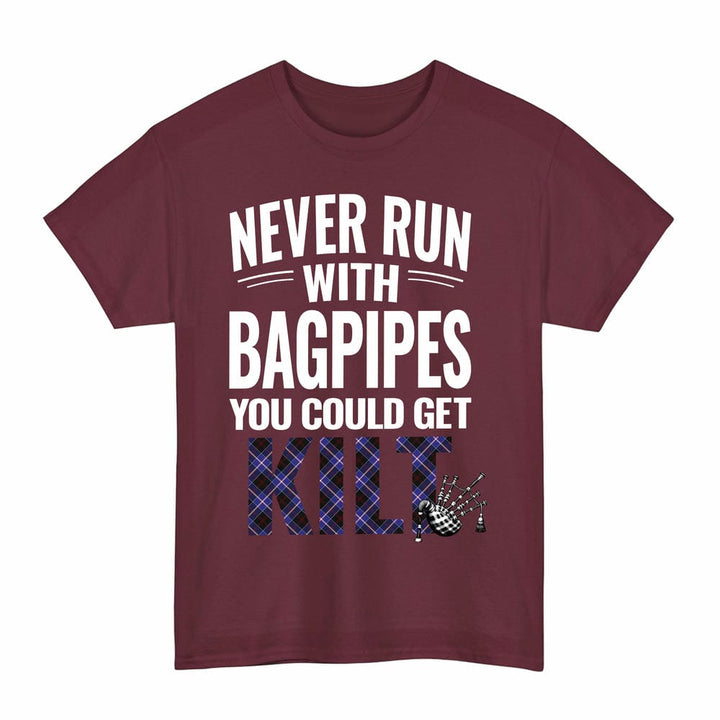 Scottish Dunlop Modern Clan Tartan Never Run With Bagpipes T-Shirt Tartan Plaid Maroon Color