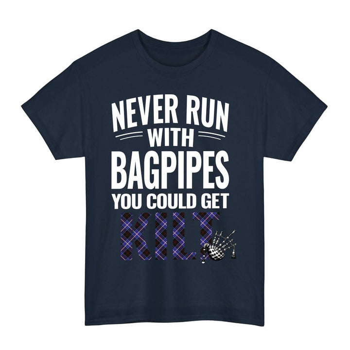 Scottish Dunlop Modern Clan Tartan Never Run With Bagpipes T-Shirt Tartan Plaid Navy Color