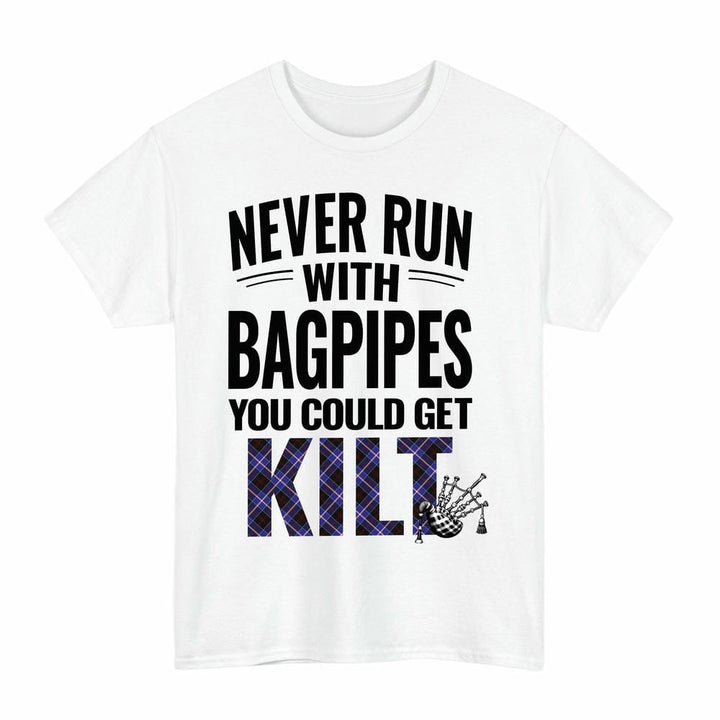 Scottish Dunlop Modern Clan Tartan Never Run With Bagpipes T-Shirt Tartan Plaid White Color