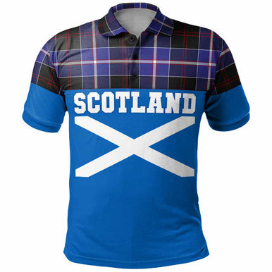 Scottish Dunlop Modern Clan Tartan Polo Shirt - Lion Rampant of Scotland With Flag Front Side Tartan Plaid