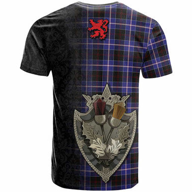 Scottish Dunlop Modern Clan Tartan T-Shirt - Half Thistle Flowers Celtic Design Back Side Tartan Plaid