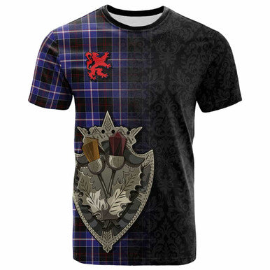 Scottish Dunlop Modern Clan Tartan T-Shirt - Half Thistle Flowers Celtic Design Front Side Tartan Plaid