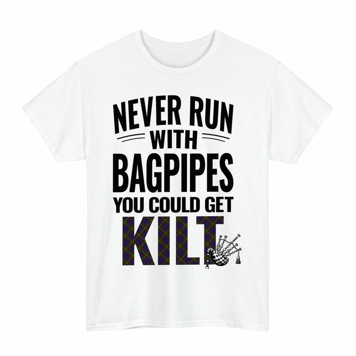 Scottish Durie Clan Tartan Never Run With Bagpipes T-Shirt Tartan Plaid White Color