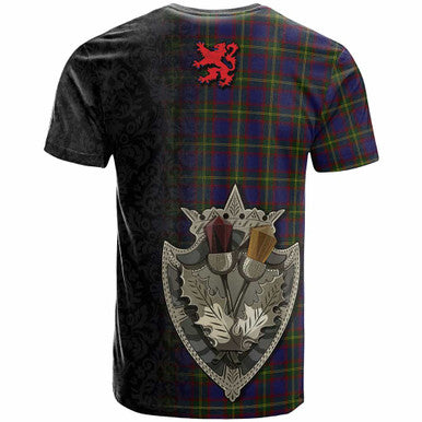 Scottish Durie Clan Tartan T-Shirt - Half Thistle Flowers Celtic Design Back Side Tartan Plaid