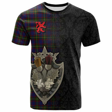 Scottish Durie Clan Tartan T-Shirt - Half Thistle Flowers Celtic Design Front Side Tartan Plaid