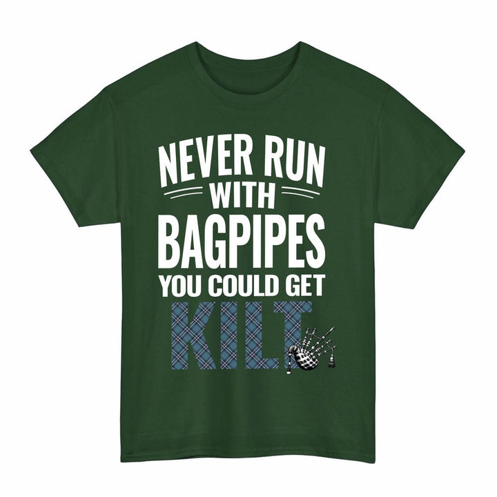 Scottish Earl of St Andrews Clan Tartan Never Run With Bagpipes T-Shirt Tartan Plaid Forest Green Color