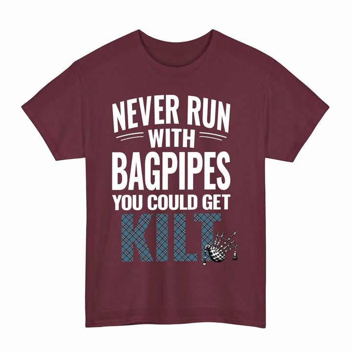 Scottish Earl of St Andrews Clan Tartan Never Run With Bagpipes T-Shirt Tartan Plaid Maroon Color