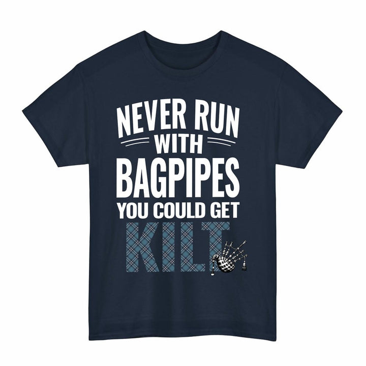 Scottish Earl of St Andrews Clan Tartan Never Run With Bagpipes T-Shirt Tartan Plaid Navy Color