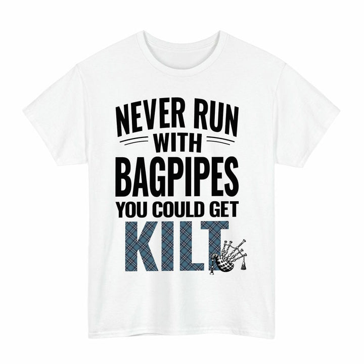 Scottish Earl of St Andrews Clan Tartan Never Run With Bagpipes T-Shirt Tartan Plaid White Color