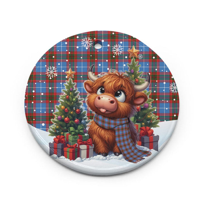 Scottish Edinburgh District Clan Tartan Ceramic Ornament Cute Highland Cow Christmas Circle Style Tartan Plaid
