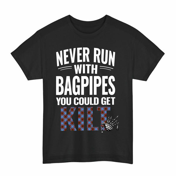 Scottish Edinburgh District Clan Tartan Never Run With Bagpipes T-Shirt Tartan Plaid Black Color