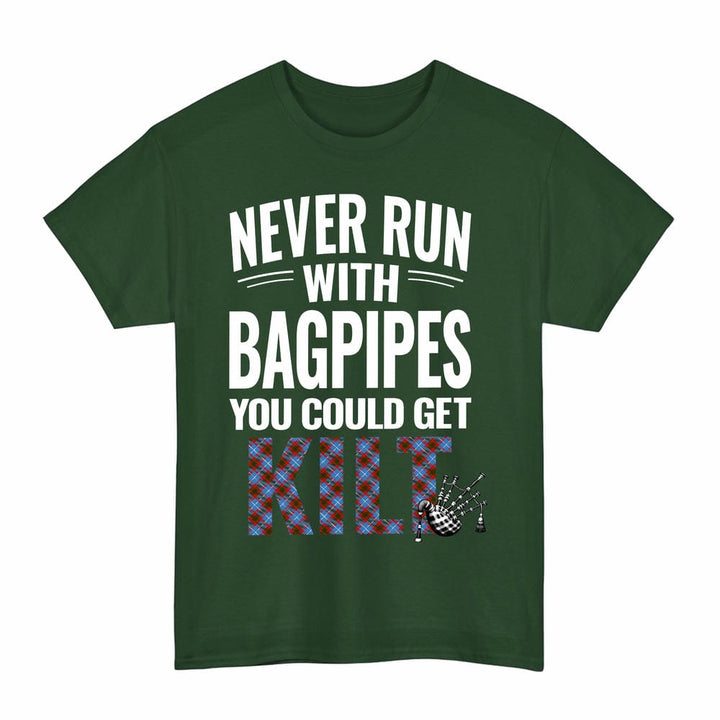 Scottish Edinburgh District Clan Tartan Never Run With Bagpipes T-Shirt Tartan Plaid Forest Green Color