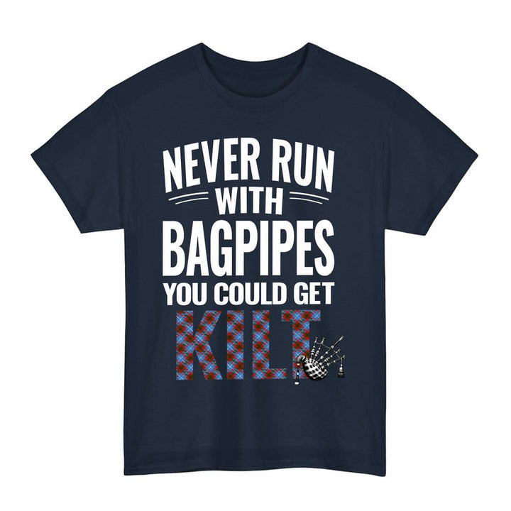 Scottish Edinburgh District Clan Tartan Never Run With Bagpipes T-Shirt Tartan Plaid Navy Color