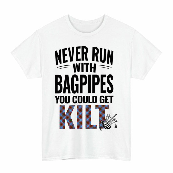 Scottish Edinburgh District Clan Tartan Never Run With Bagpipes T-Shirt Tartan Plaid White Color