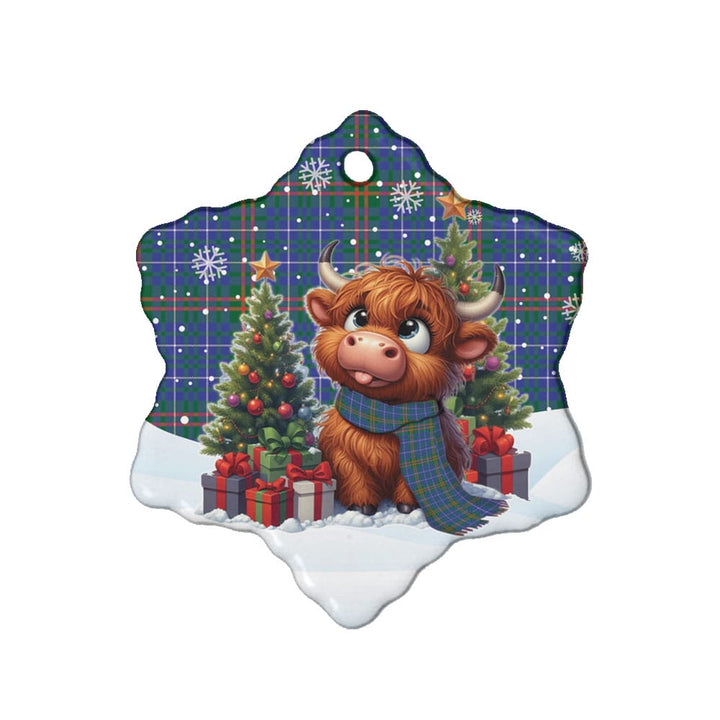 Scottish Edmonstone Clan Tartan Ceramic Ornament Cute Highland Cow Christmas Snow Flake Style Tartan Plaid