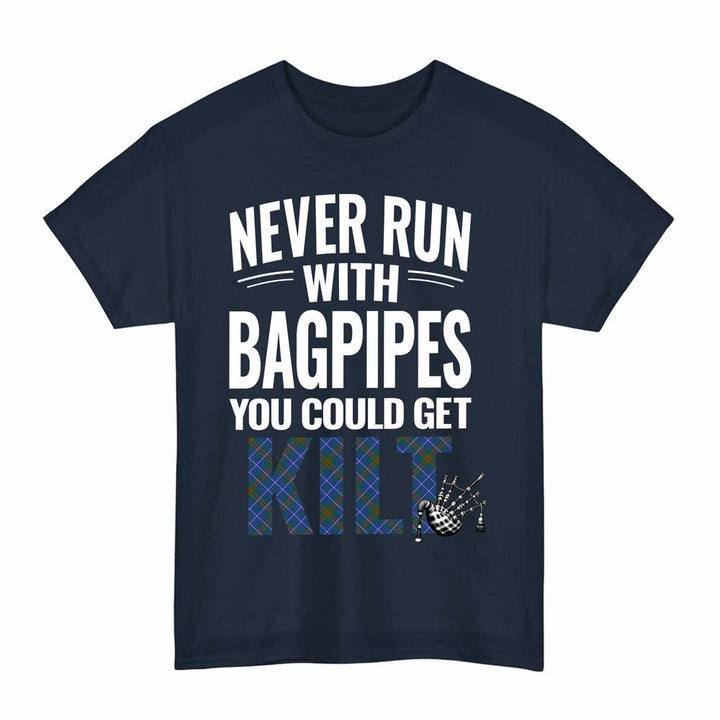 Scottish Edmonstone Clan Tartan Never Run With Bagpipes T-Shirt Tartan Plaid Navy Color