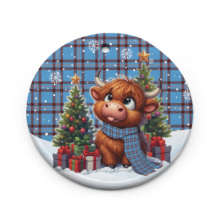 Scottish Elliot Ancient Clan Tartan Ceramic Ornament Cute Highland Cow Christmas Circle Style Tartan Plaid