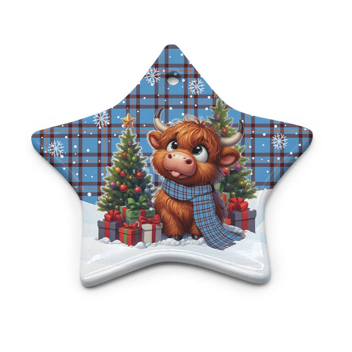 Scottish Elliot Ancient Clan Tartan Ceramic Ornament Cute Highland Cow Christmas Star Style Tartan Plaid