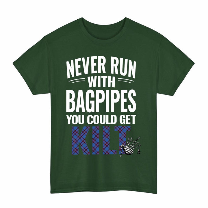 Scottish Elliot Modern Clan Tartan Never Run With Bagpipes T-Shirt Tartan Plaid Forest Green Color