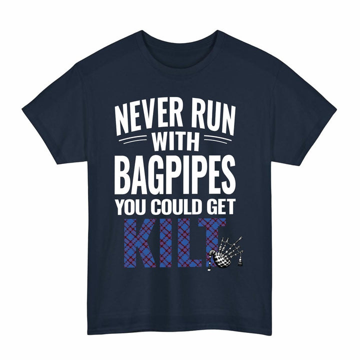 Scottish Elliot Modern Clan Tartan Never Run With Bagpipes T-Shirt Tartan Plaid Navy Color