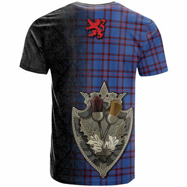 Scottish Elliot Modern Clan Tartan T-Shirt - Half Thistle Flowers Celtic Design Back Side Tartan Plaid