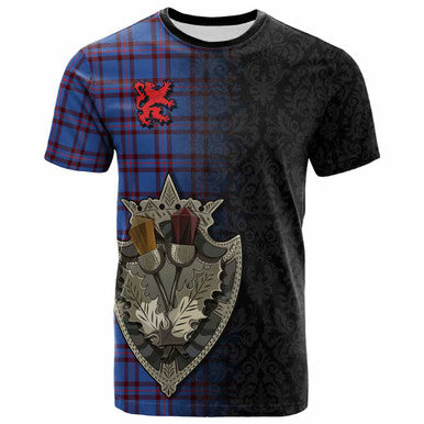 Scottish Elliot Modern Clan Tartan T-Shirt - Half Thistle Flowers Celtic Design Front Side Tartan Plaid