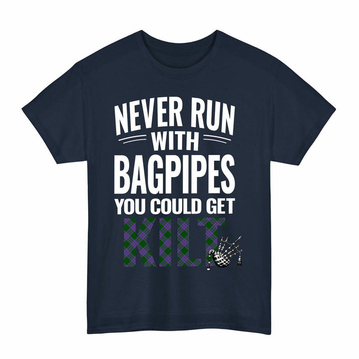 Scottish Elphinstone Clan Tartan Never Run With Bagpipes T-Shirt Tartan Plaid Navy Color