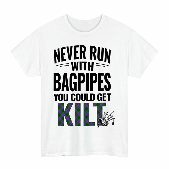 Scottish Elphinstone Clan Tartan Never Run With Bagpipes T-Shirt Tartan Plaid White Color
