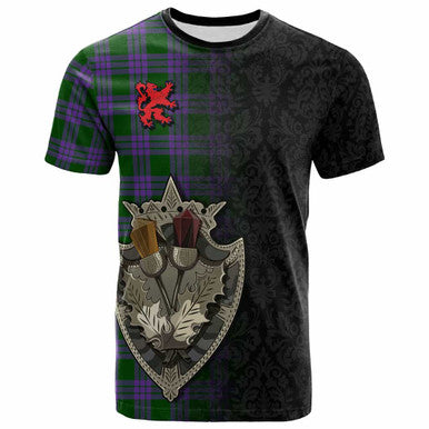 Scottish Elphinstone Clan Tartan T-Shirt - Half Thistle Flowers Celtic Design Front Side Tartan Plaid