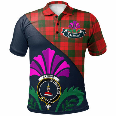 Scottish Erskine Clan Crest Tartan Polo Shirt - Scotland Thistle Style Front Side Tartan Plaid