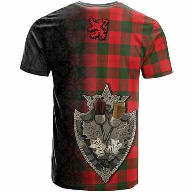Scottish Erskine Clan Crest Tartan T-Shirt - Half Thistle Flowers Celtic Design Back Side Tartan Plaid