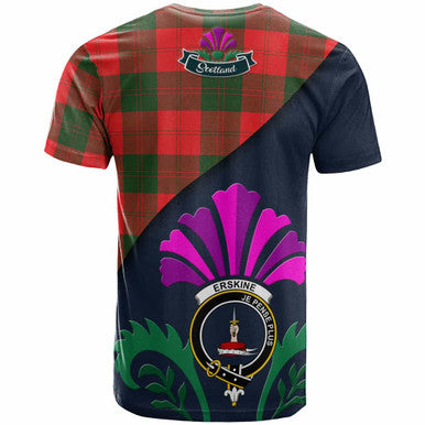 Scottish Erskine Clan Crest Tartan T-Shirt - Scotland Thistle Style Back Side Tartan Plaid