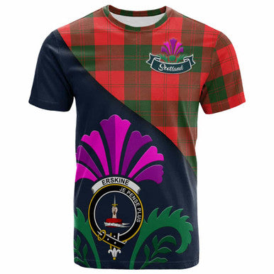 Scottish Erskine Clan Crest Tartan T-Shirt - Scotland Thistle Style Front Side Tartan Plaid