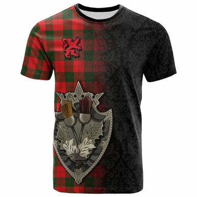 Scottish Erskine Modern Clan Tartan T-Shirt - Half Thistle Flowers Celtic Design Front Side Tartan Plaid