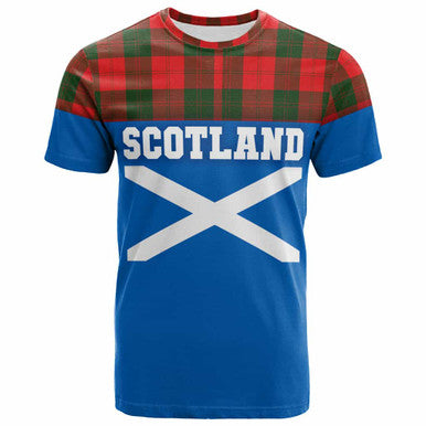 Scottish Erskine Modern Clan Tartan T-Shirt - Lion Rampant of Scotland With Flag Front Side Tartan Plaid