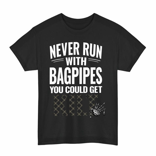 Scottish Eternity Clan Tartan Never Run With Bagpipes T-Shirt Tartan Plaid Black Color