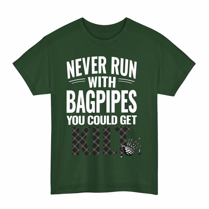 Scottish Eternity Clan Tartan Never Run With Bagpipes T-Shirt Tartan Plaid Forest Green Color