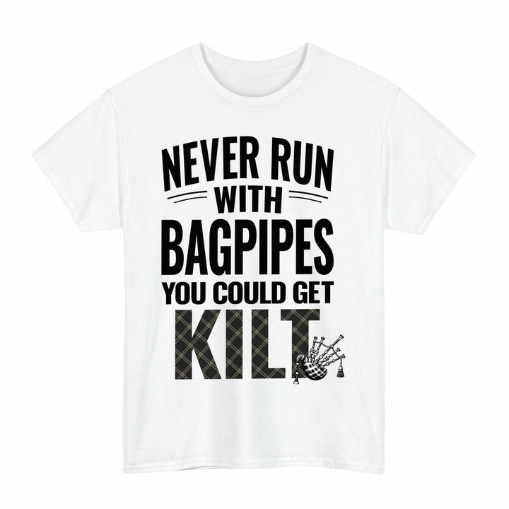Scottish Eternity Clan Tartan Never Run With Bagpipes T-Shirt Tartan Plaid White Color