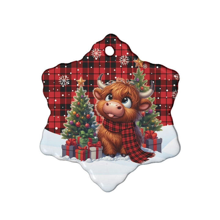 Scottish Ettrick District Clan Tartan Ceramic Ornament Cute Highland Cow Christmas Snow Flake Style Tartan Plaid