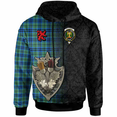 Scottish Falconer Clan Crest Tartan Hoodie - Half Thistle Flowers Celtic Design Front Side Tartan Plaid