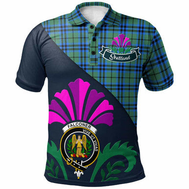 Scottish Falconer Clan Crest Tartan Polo Shirt - Scotland Thistle Style Front Side Tartan Plaid