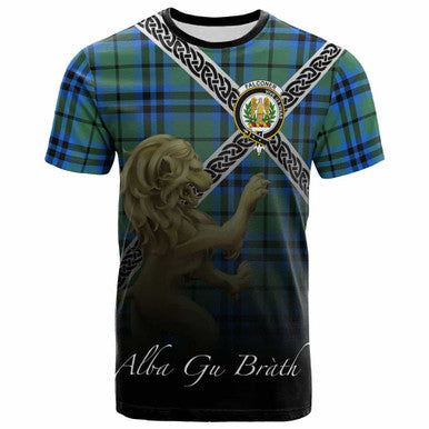 Scottish Falconer Clan Crest Tartan T-Shirt - Celtic With Scotland Lion Front Side Tartan Plaid