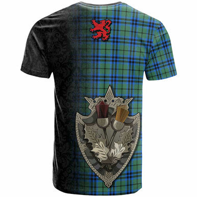 Scottish Falconer Clan Crest Tartan T-Shirt - Half Thistle Flowers Celtic Design Back Side Tartan Plaid