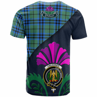 Scottish Falconer Clan Crest Tartan T-Shirt - Scotland Thistle Style Back Side Tartan Plaid