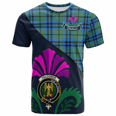 Scottish Falconer Clan Crest Tartan T-Shirt - Scotland Thistle Style Front Side Tartan Plaid