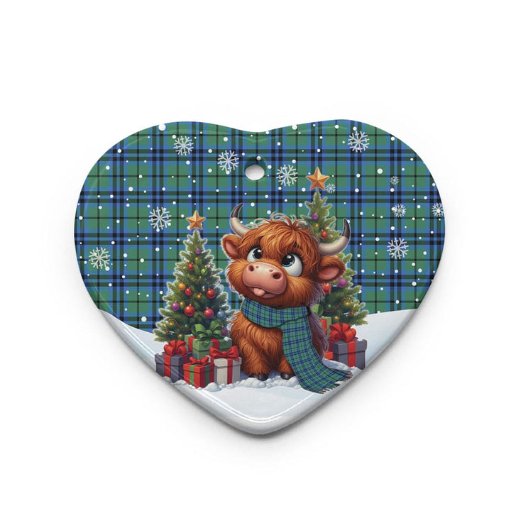 Scottish Falconer Clan Tartan Ceramic Ornament Cute Highland Cow Christmas Heart Style Tartan Plaid