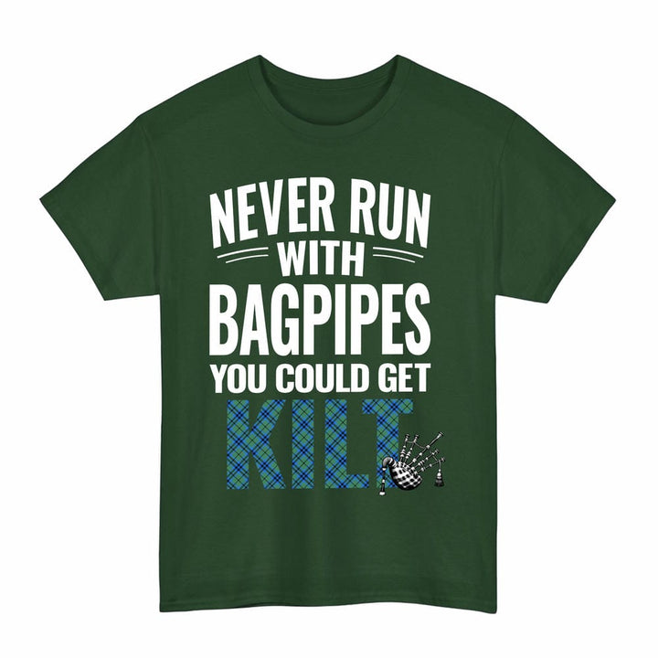 Scottish Falconer Clan Tartan Never Run With Bagpipes T-Shirt Tartan Plaid Forest Green Color