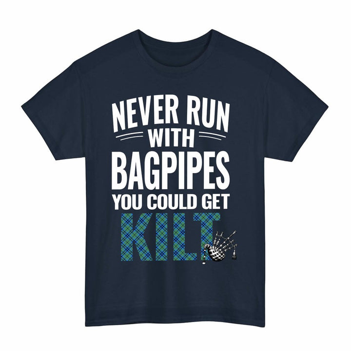 Scottish Falconer Clan Tartan Never Run With Bagpipes T-Shirt Tartan Plaid Navy Color